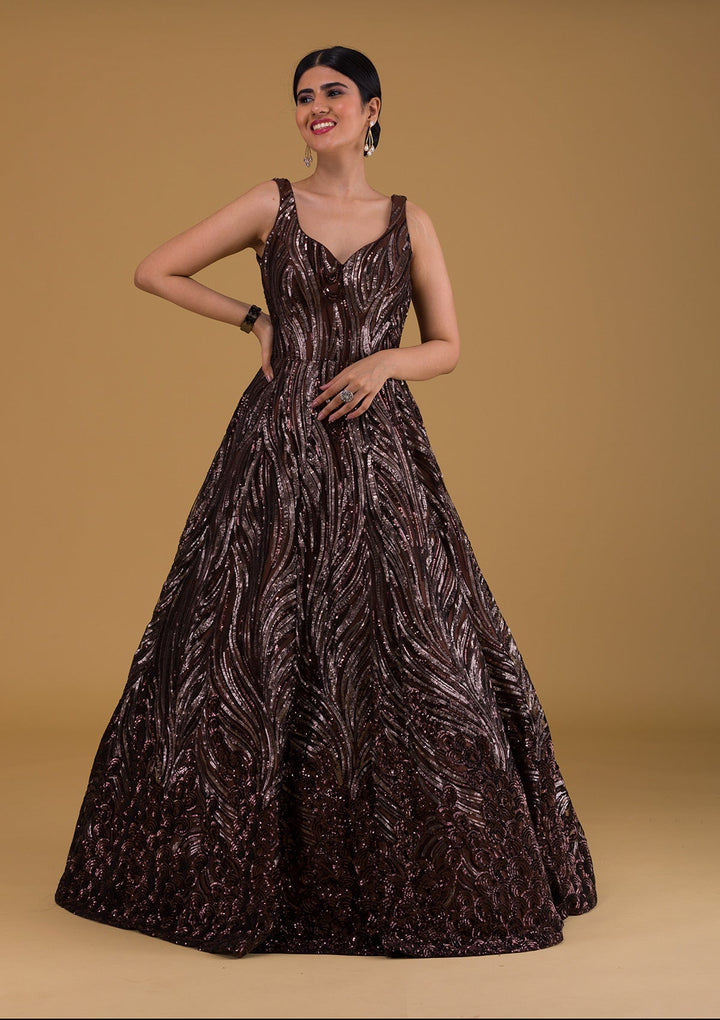 Brown Sequins Net Designer Gown-Koskii
