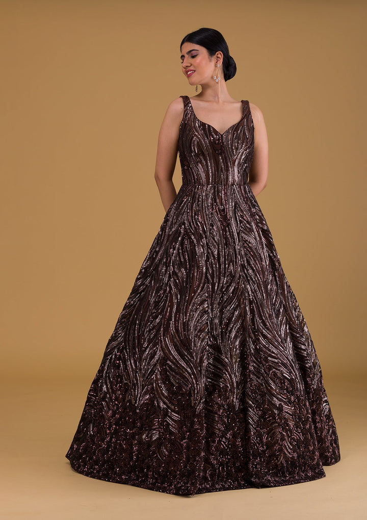 Brown Sequins Net Designer Gown-Koskii