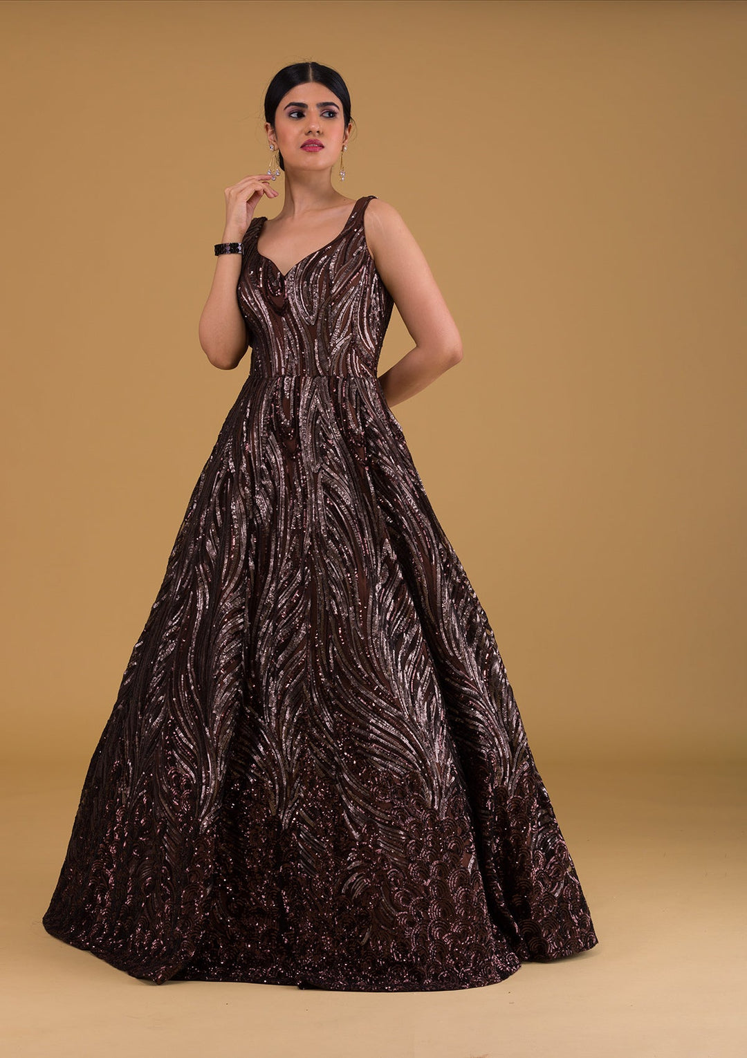 Brown Sequins Net Designer Gown-Koskii
