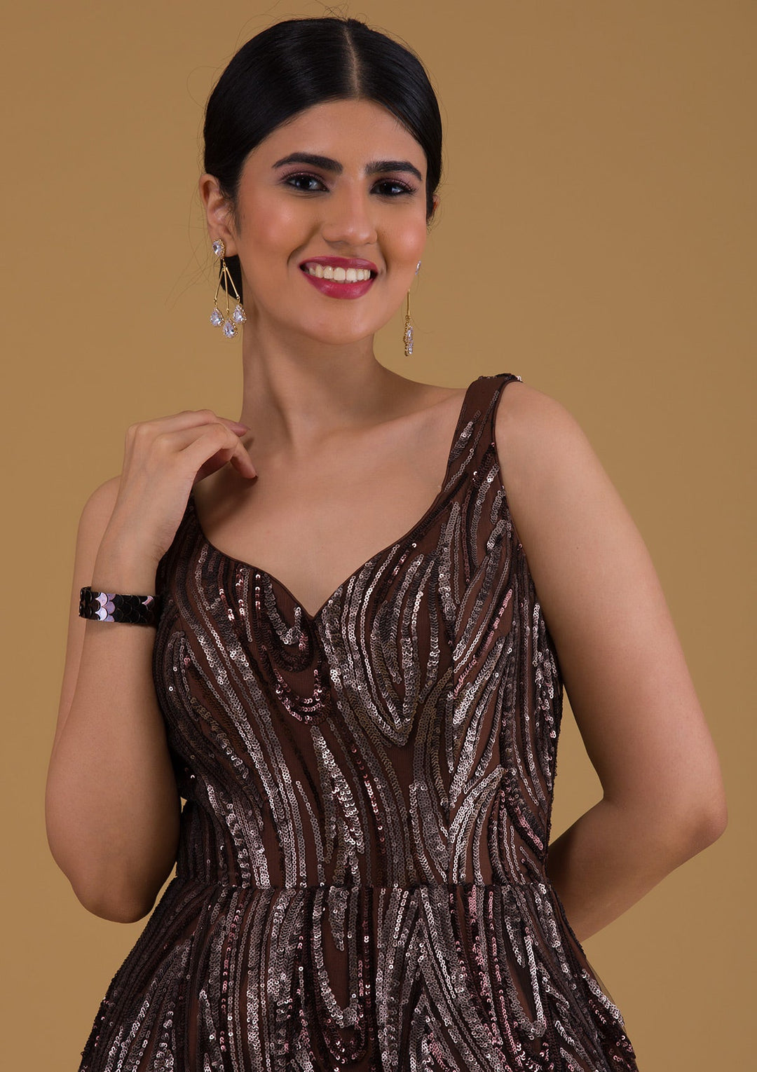 Brown Sequins Net Designer Gown-Koskii