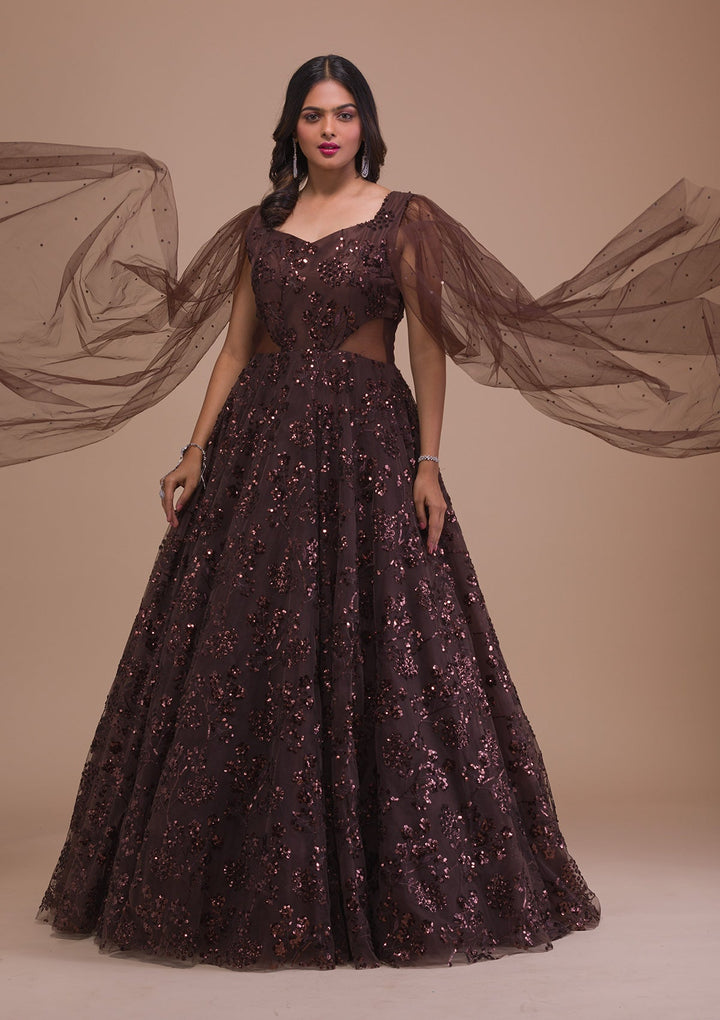 Brown Sequins Net Gown-Koskii