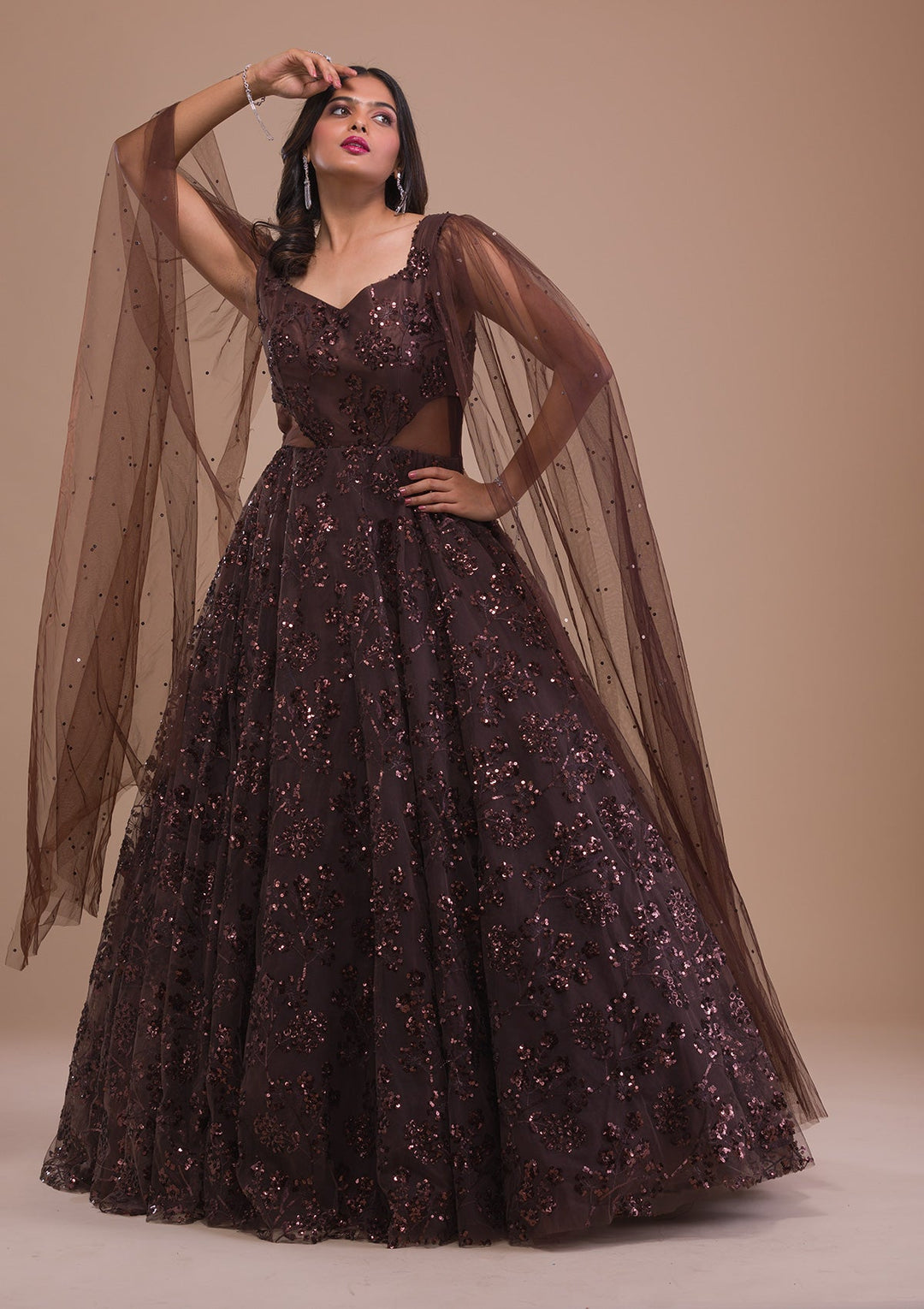 Brown Sequins Net Gown-Koskii