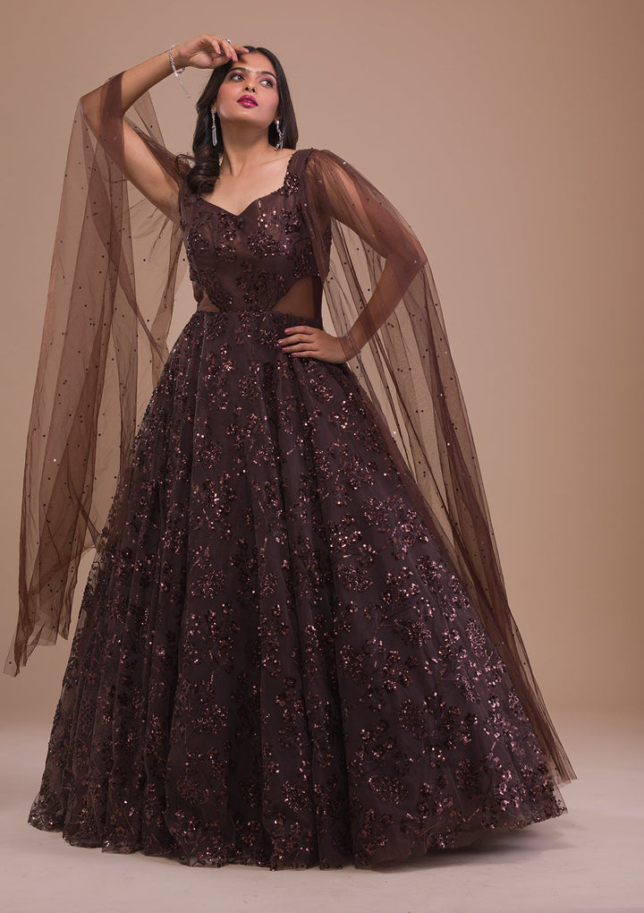 Brown Sequins Net Gown-Koskii