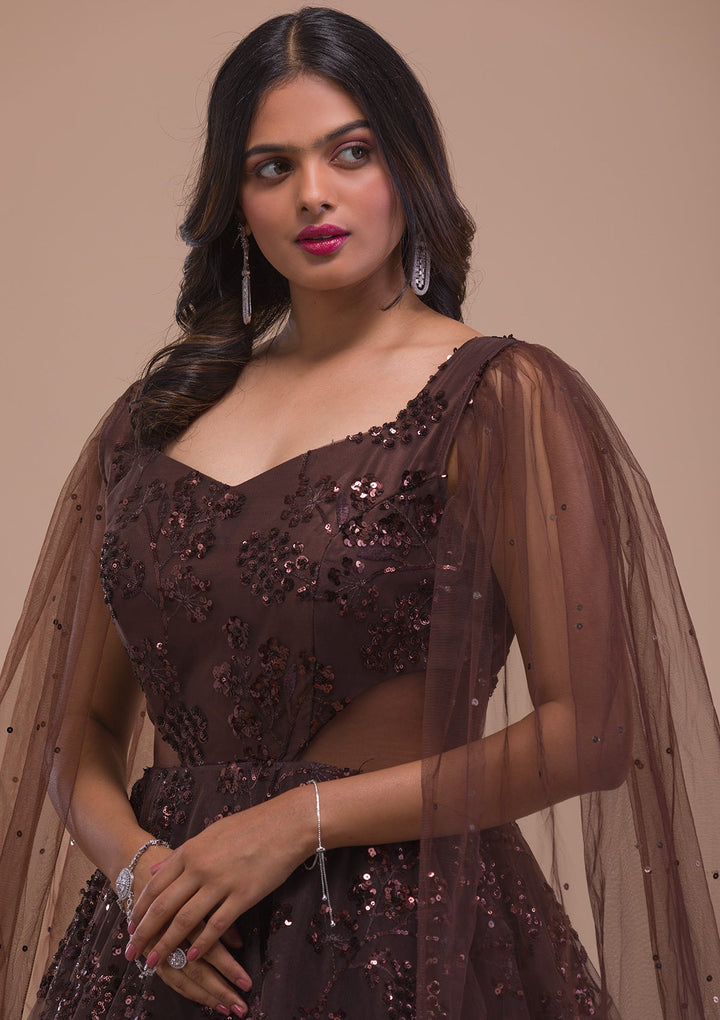 Brown Sequins Net Gown-Koskii