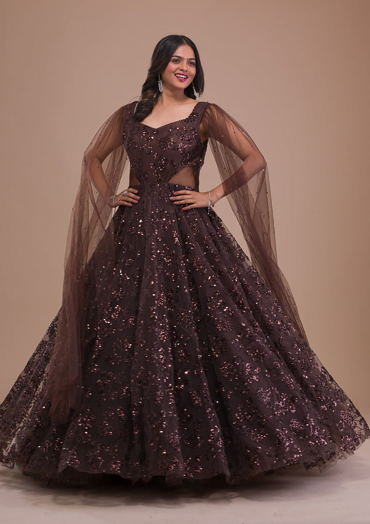 Brown Sequins Net Gown-Koskii
