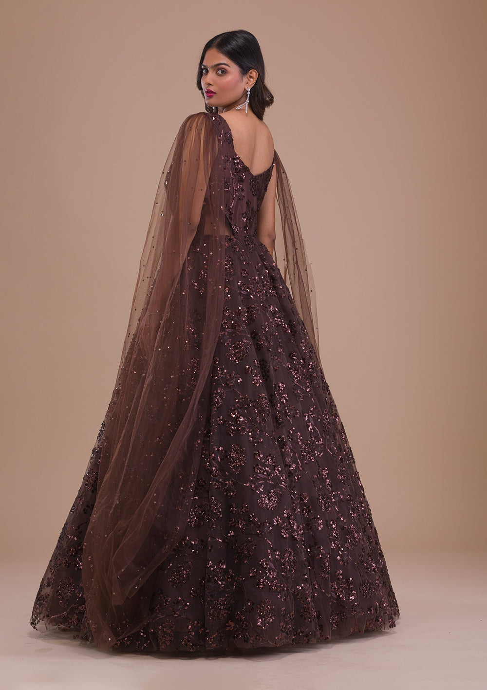 Brown Sequins Net Gown-Koskii