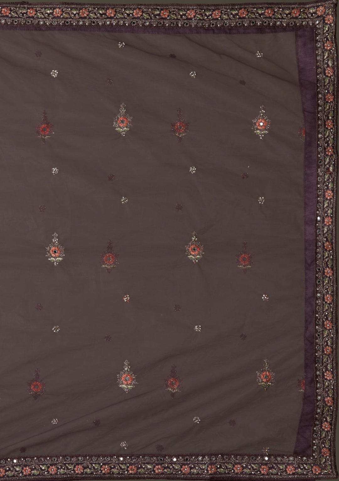 Brown Silver Stonework Net Designer Semi-Stitched Lehenga - Koskii