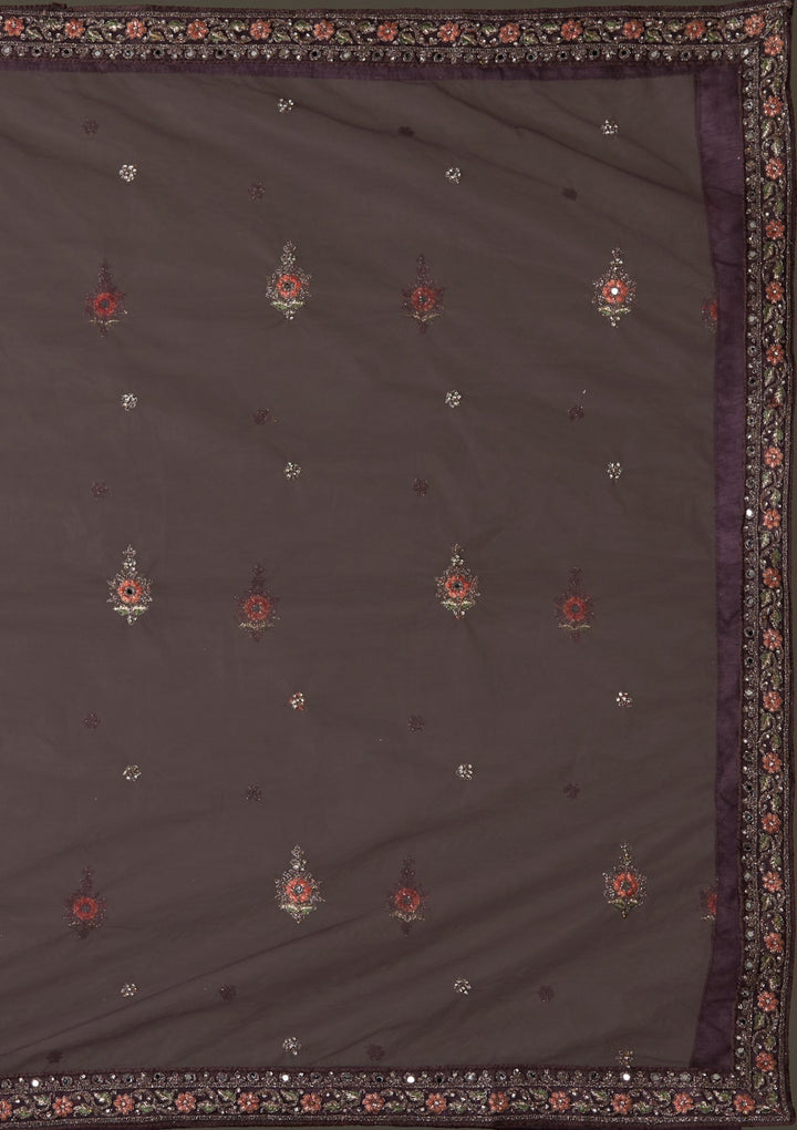 Brown Silver Stonework Net Designer Semi-Stitched Lehenga - Koskii