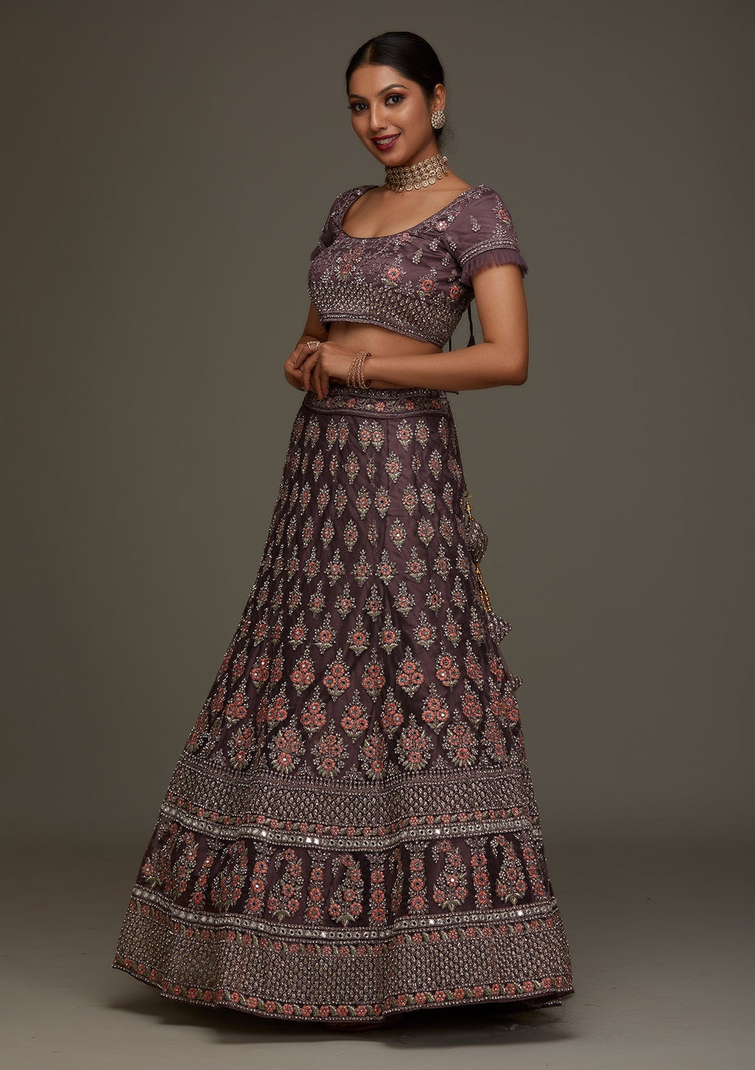 Brown Silver Stonework Net Designer Semi-Stitched Lehenga - Koskii