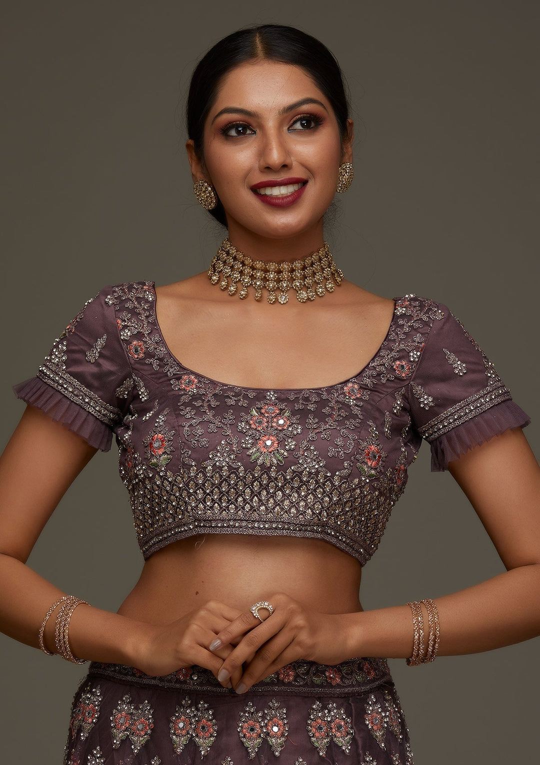 Brown Silver Stonework Net Designer Semi-Stitched Lehenga - Koskii