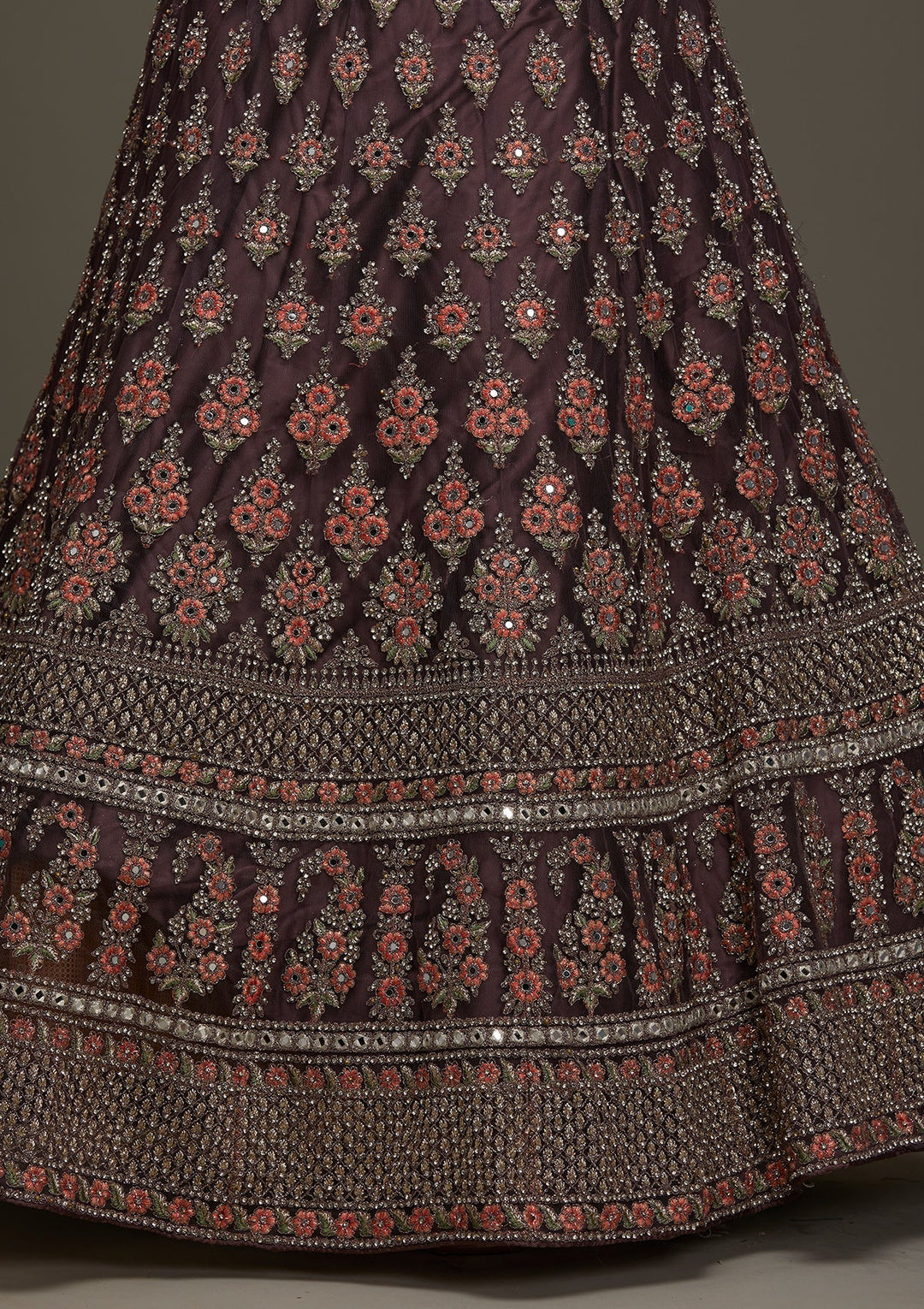 Brown Silver Stonework Net Designer Semi-Stitched Lehenga - Koskii