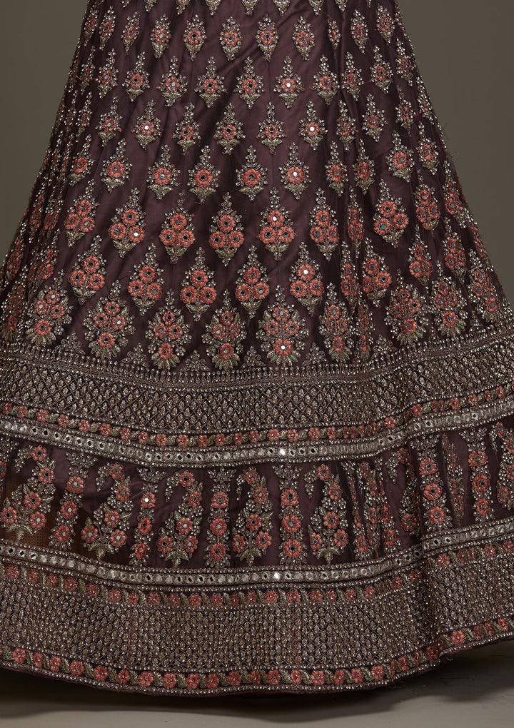 Brown Silver Stonework Net Designer Semi-Stitched Lehenga - Koskii