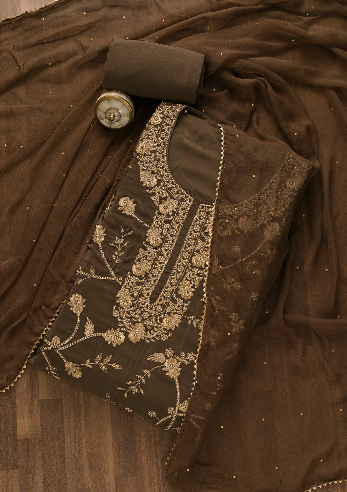 Brown Stonework Organza Unstitched Salwar Kameez-Koskii
