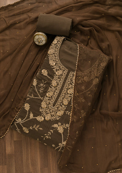 Brown Stonework Organza Unstitched Salwar Kameez-Koskii