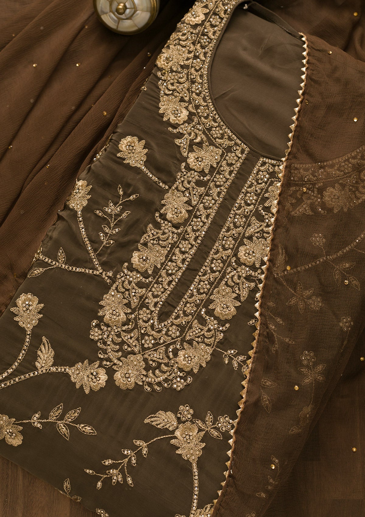 Brown Stonework Organza Unstitched Salwar Kameez-Koskii