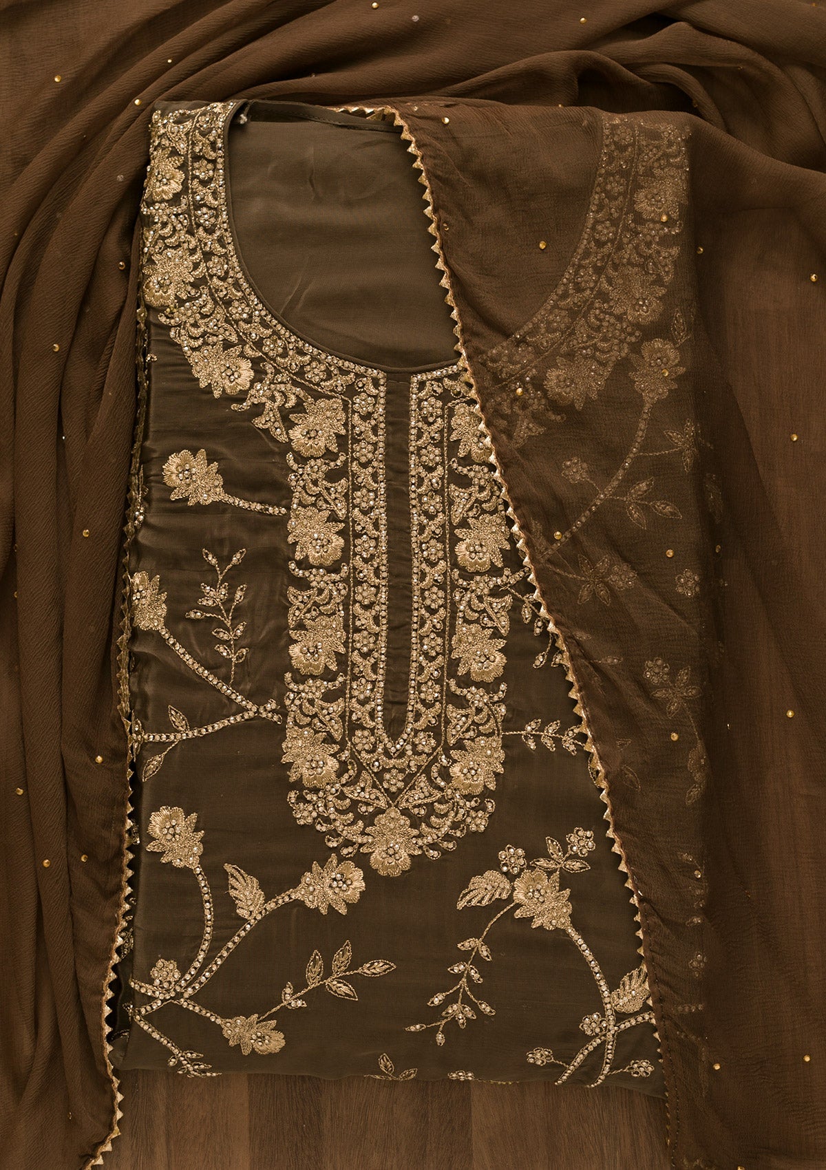 Brown Stonework Organza Unstitched Salwar Kameez-Koskii
