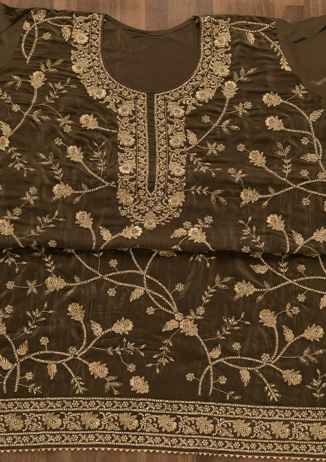 Brown Stonework Organza Unstitched Salwar Kameez-Koskii
