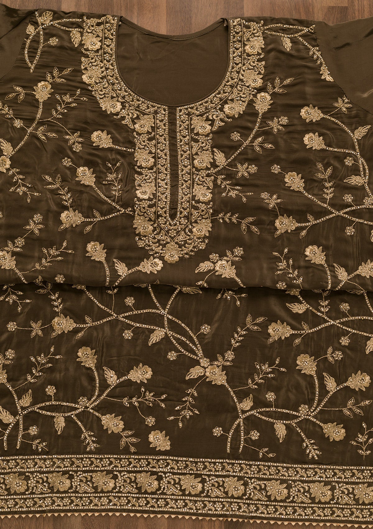 Brown Stonework Organza Unstitched Salwar Kameez-Koskii