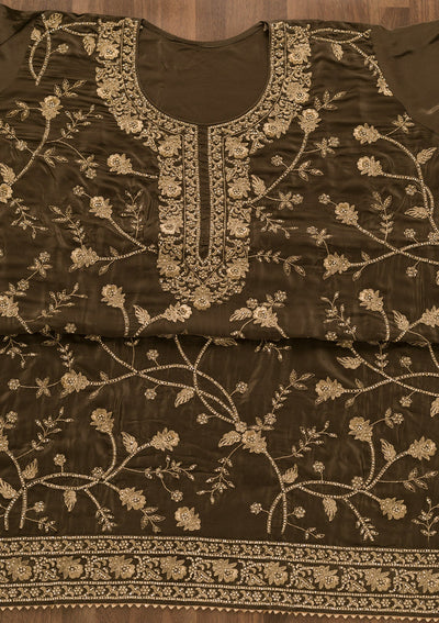 Brown Stonework Organza Unstitched Salwar Kameez-Koskii