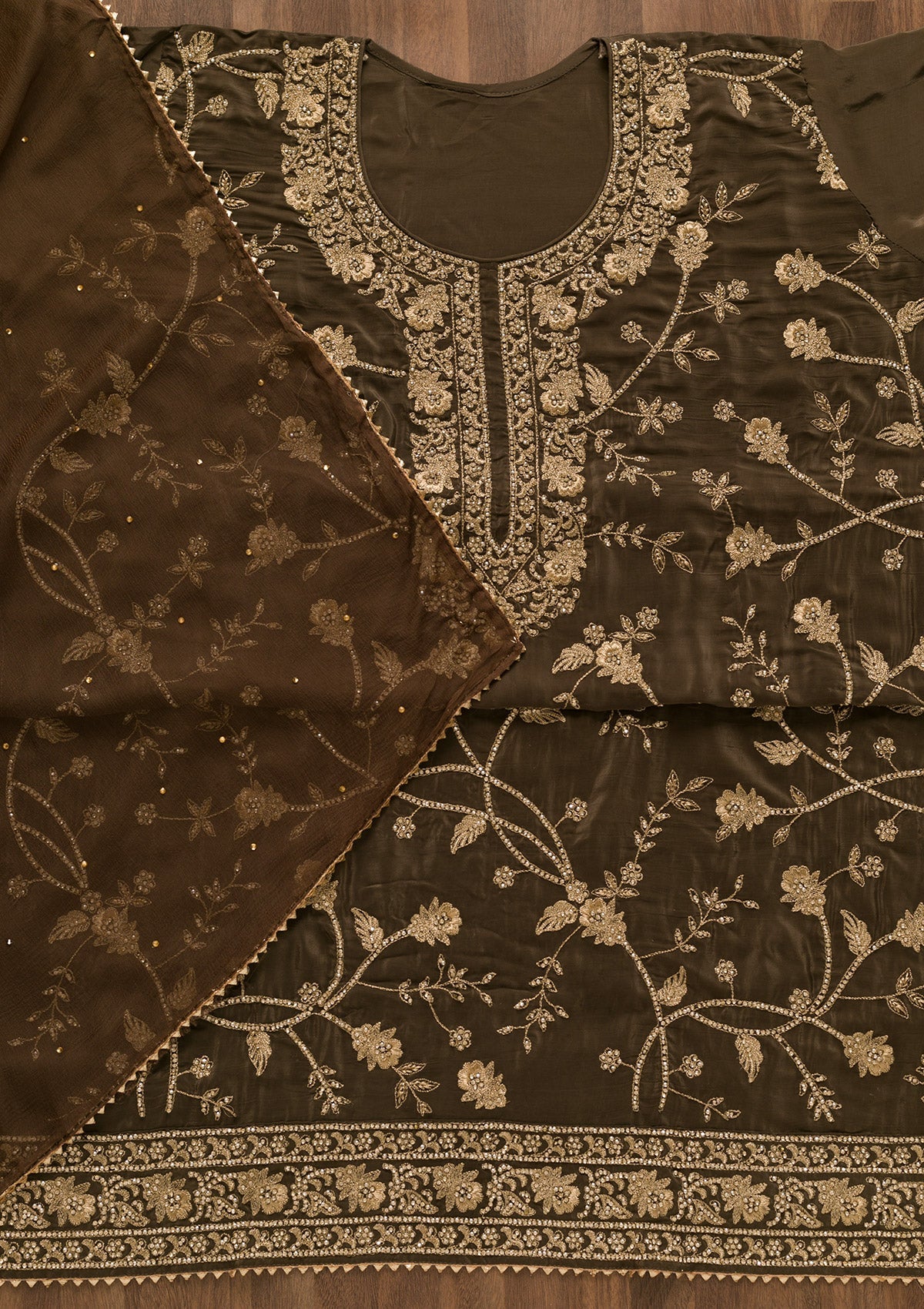 Brown Stonework Organza Unstitched Salwar Kameez-Koskii