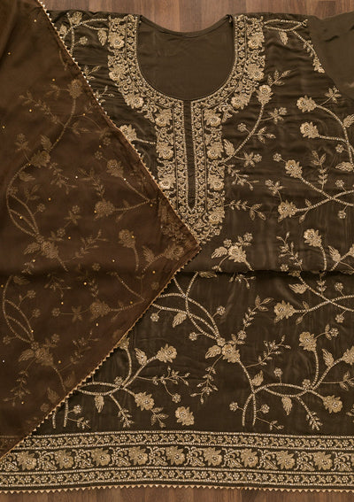 Brown Stonework Organza Unstitched Salwar Kameez-Koskii