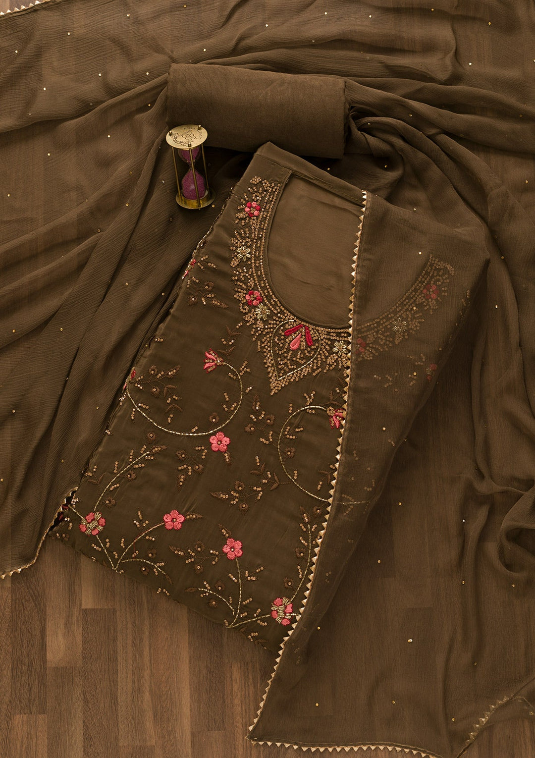 Brown Stonework Organza Unstitched Salwar Kameez-Koskii