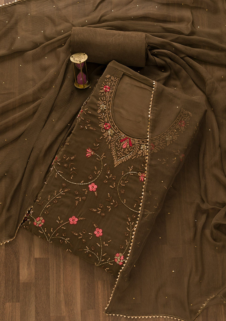 Brown Stonework Organza Unstitched Salwar Kameez-Koskii