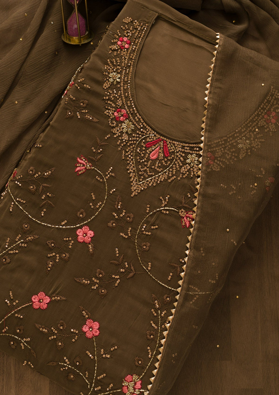 Brown Stonework Organza Unstitched Salwar Kameez-Koskii