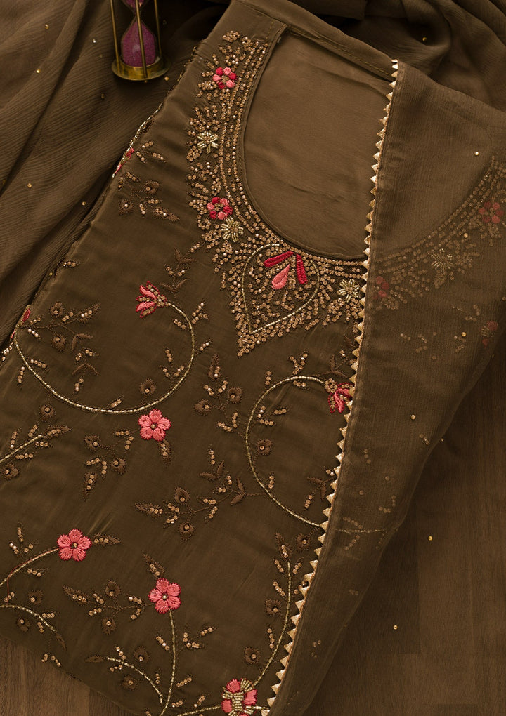Brown Stonework Organza Unstitched Salwar Kameez-Koskii