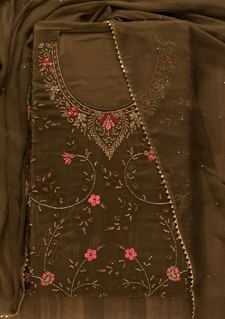 Brown Stonework Organza Unstitched Salwar Kameez-Koskii