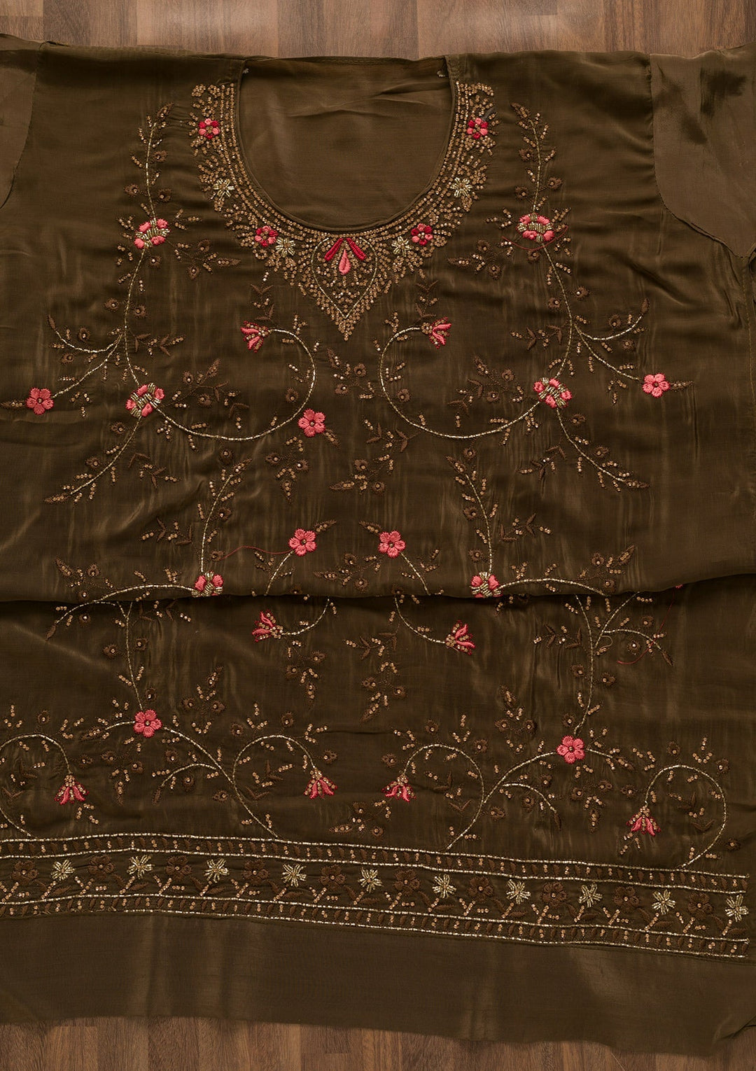 Brown Stonework Organza Unstitched Salwar Kameez-Koskii