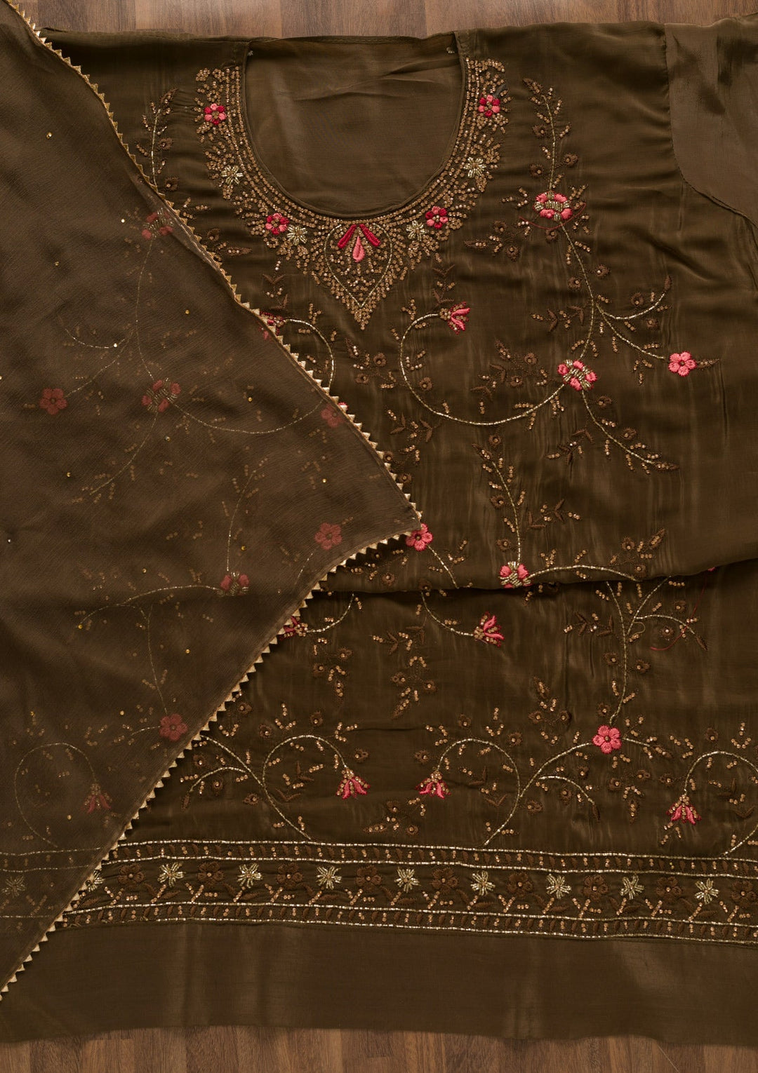 Brown Stonework Organza Unstitched Salwar Kameez-Koskii