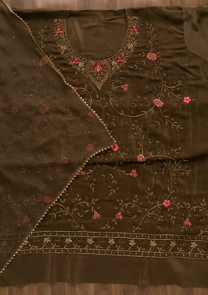 Brown Stonework Organza Unstitched Salwar Kameez-Koskii