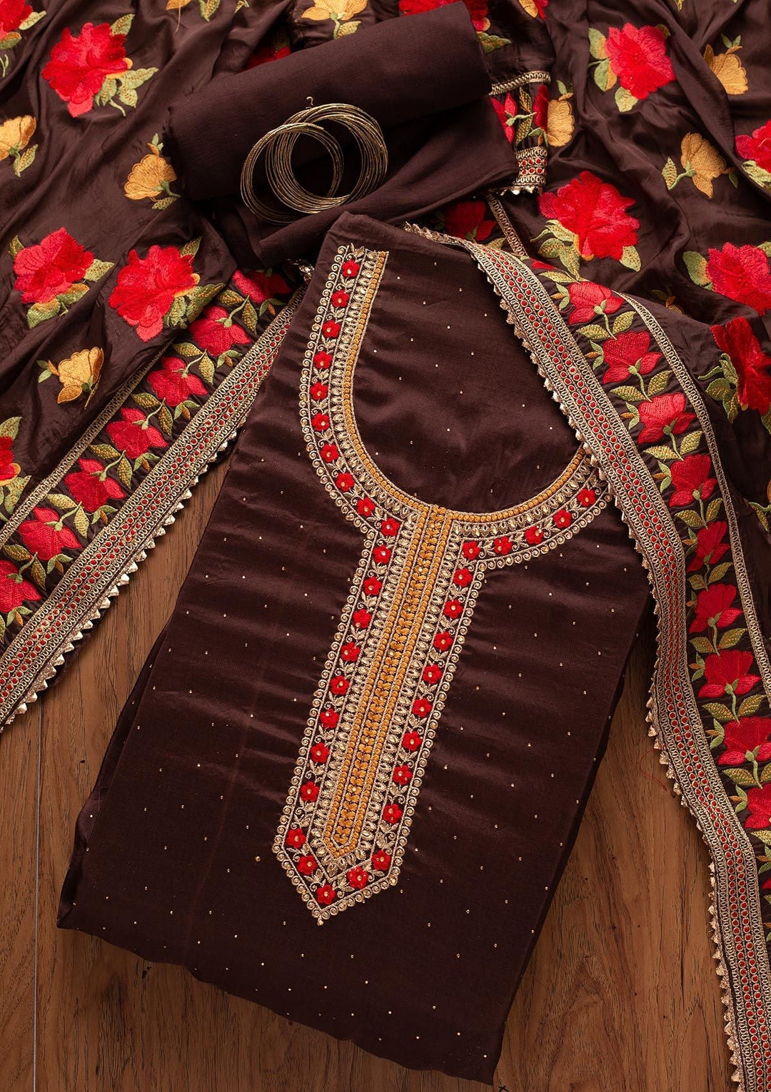 Brown Stonework Satin Designer Unstitched Salwar Suit - koskii