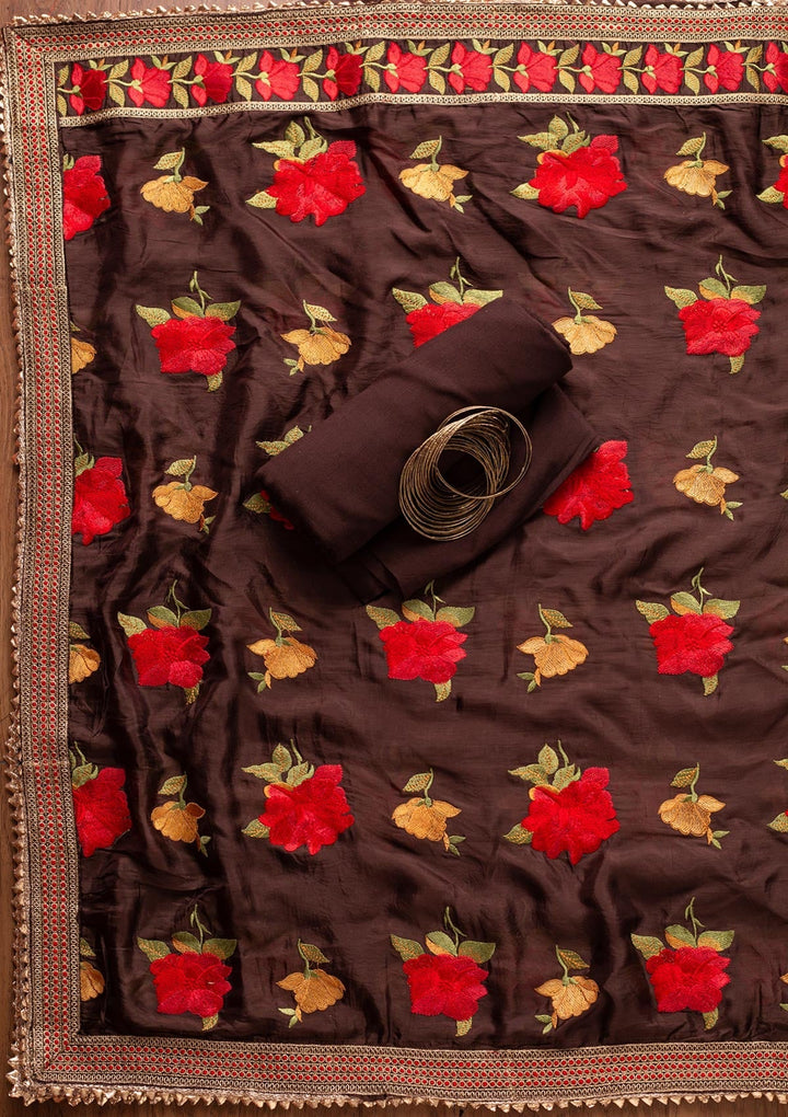 Brown Stonework Satin Designer Unstitched Salwar Suit - koskii