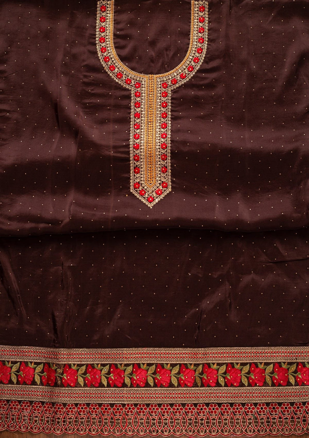 Brown Stonework Satin Designer Unstitched Salwar Suit - koskii