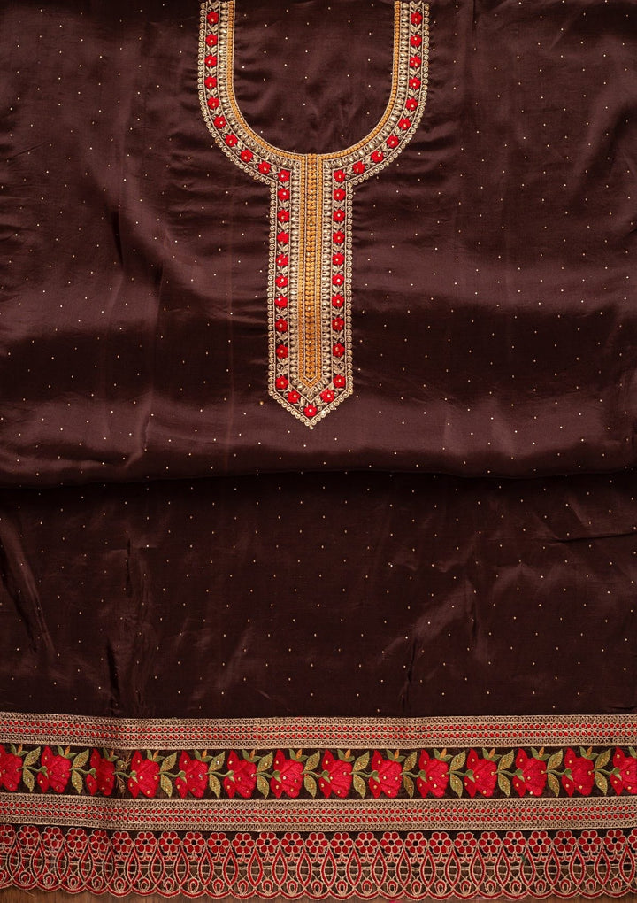 Brown Stonework Satin Designer Unstitched Salwar Suit - koskii