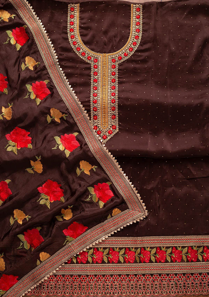 Brown Stonework Satin Designer Unstitched Salwar Suit - koskii