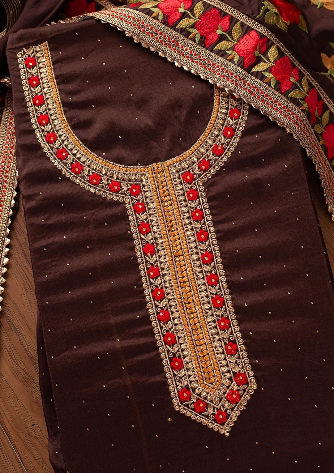 Brown Stonework Satin Designer Unstitched Salwar Suit - koskii