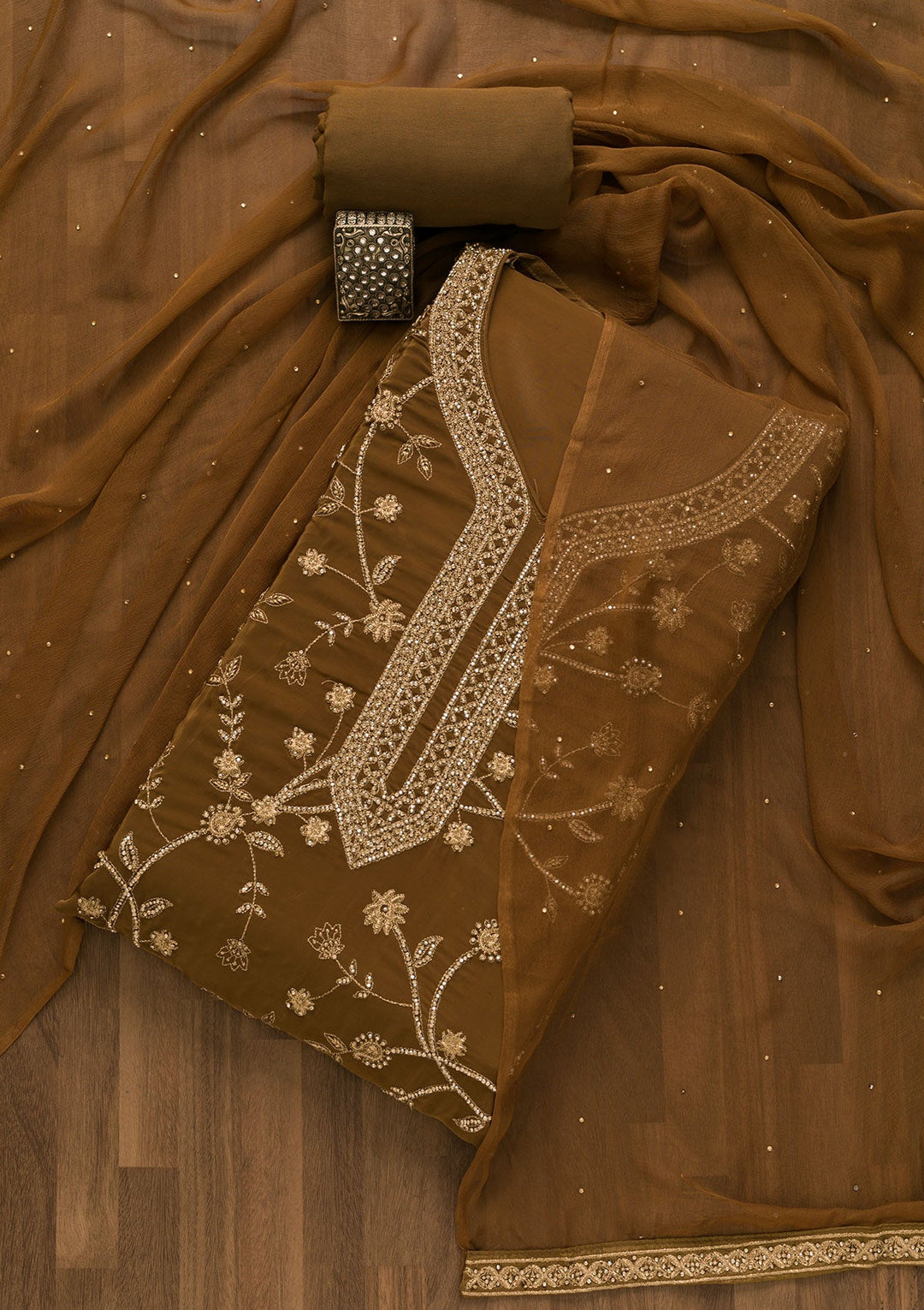 Brown Stonework Semi Crepe Unstitched Salwar Kameez-Koskii