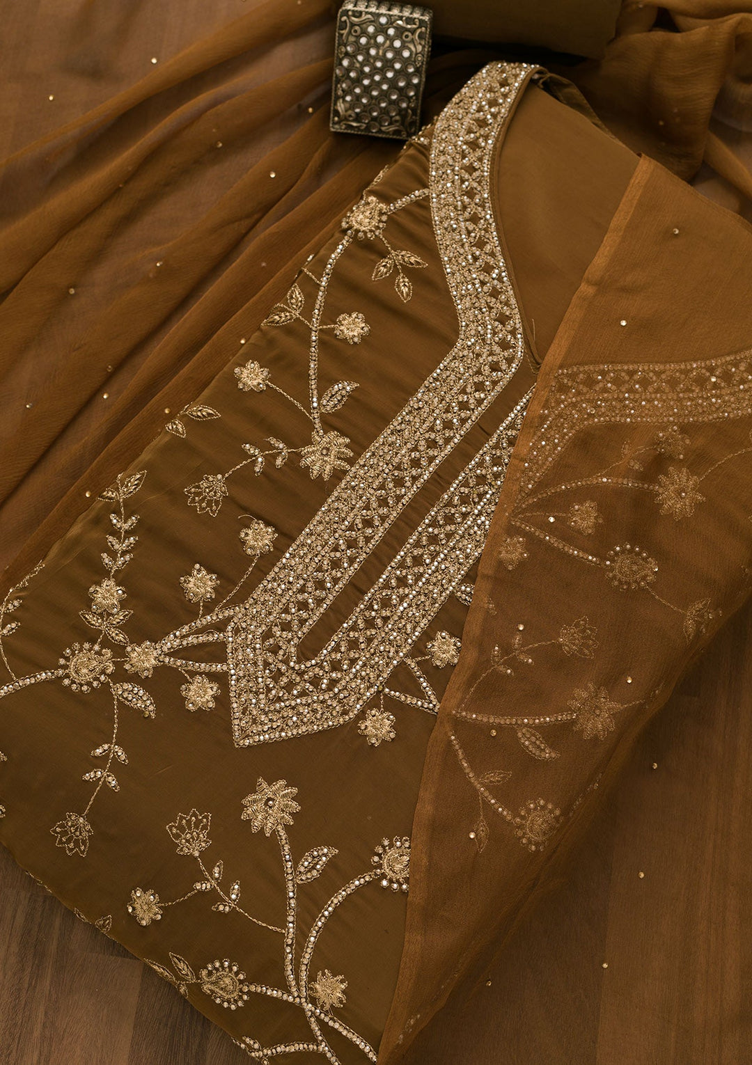 Brown Stonework Semi Crepe Unstitched Salwar Kameez-Koskii