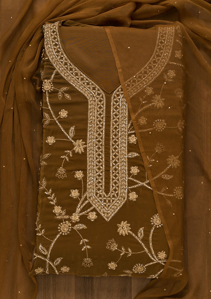 Brown Stonework Semi Crepe Unstitched Salwar Kameez-Koskii