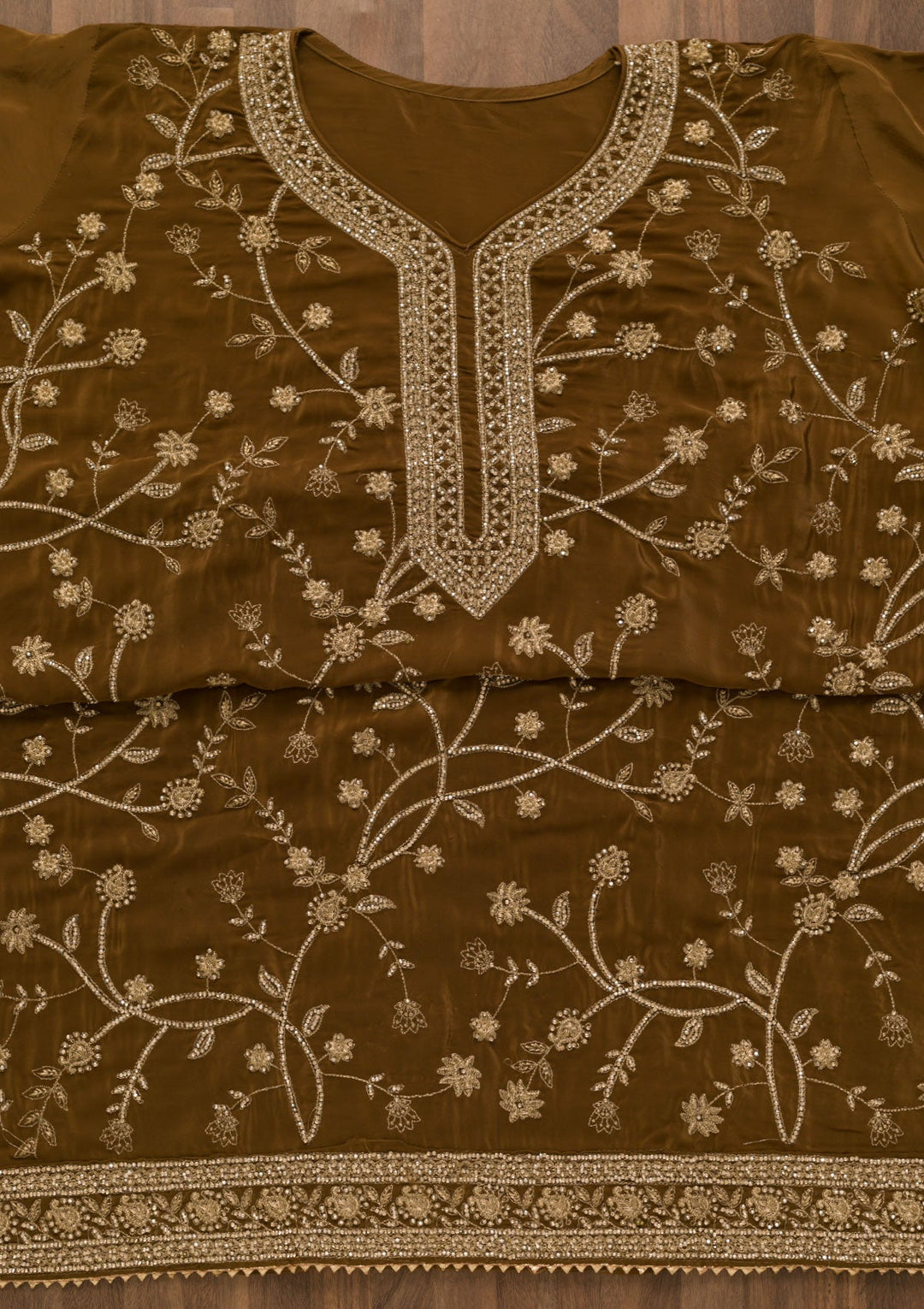 Brown Stonework Semi Crepe Unstitched Salwar Kameez-Koskii