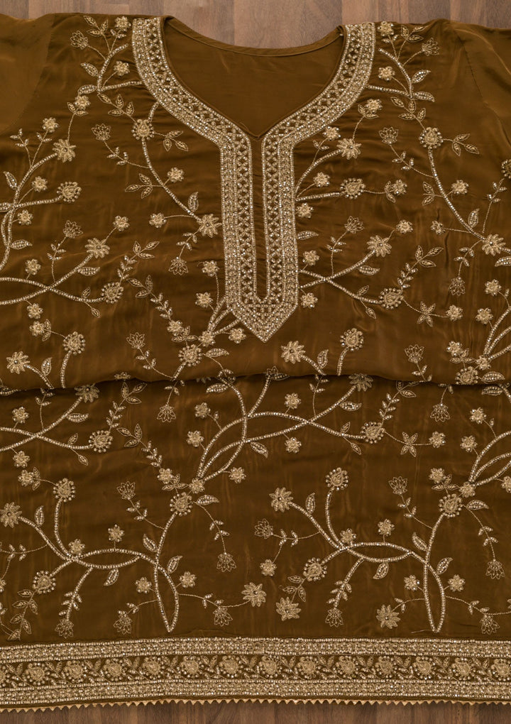 Brown Stonework Semi Crepe Unstitched Salwar Kameez-Koskii