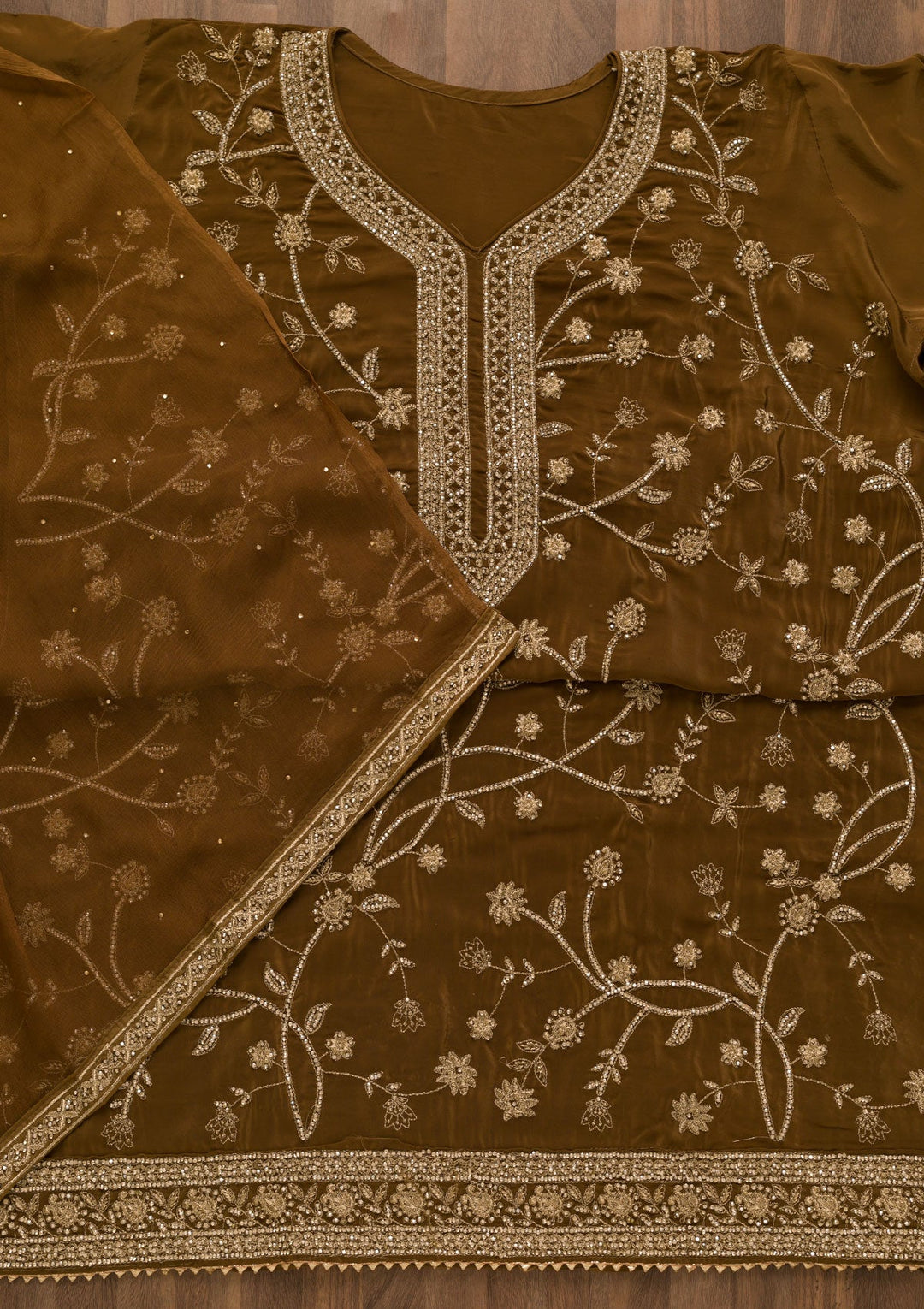Brown Stonework Semi Crepe Unstitched Salwar Kameez-Koskii