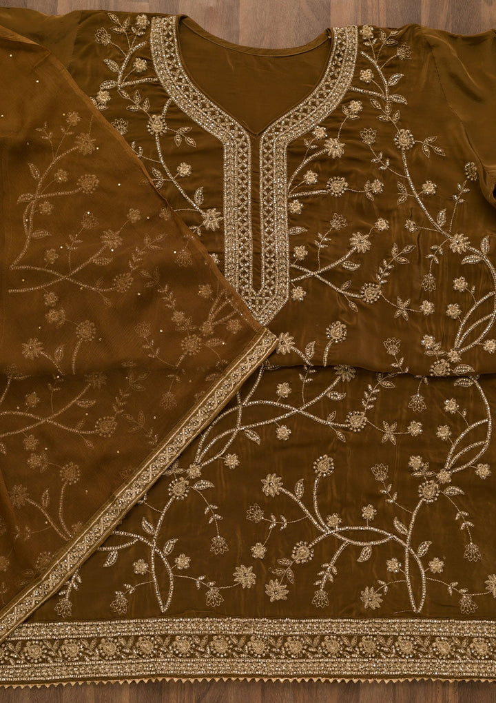 Brown Stonework Semi Crepe Unstitched Salwar Kameez-Koskii