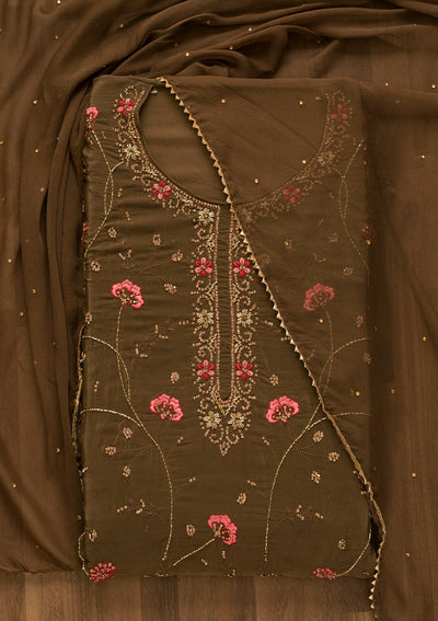 Brown Stonework Semi Crepe Unstitched Salwar Kameez-Koskii