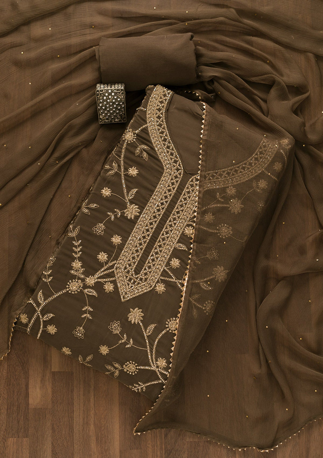 Brown Stonework Tissue Unstitched Salwar Kameez-Koskii