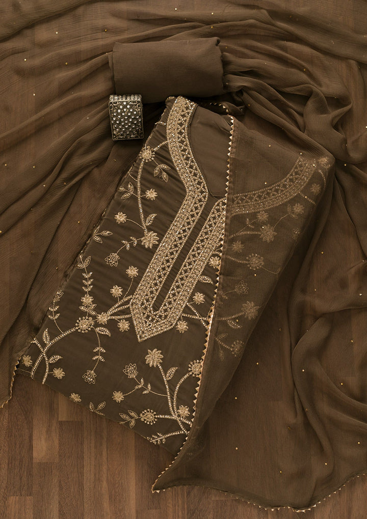 Brown Stonework Tissue Unstitched Salwar Kameez-Koskii