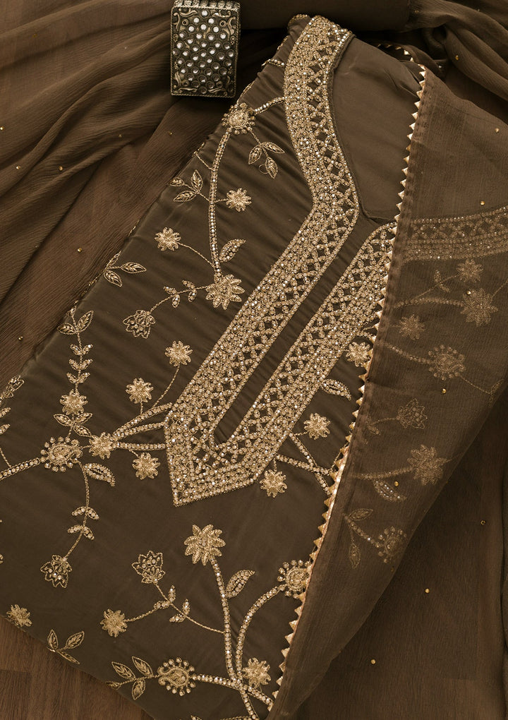 Brown Stonework Tissue Unstitched Salwar Kameez-Koskii